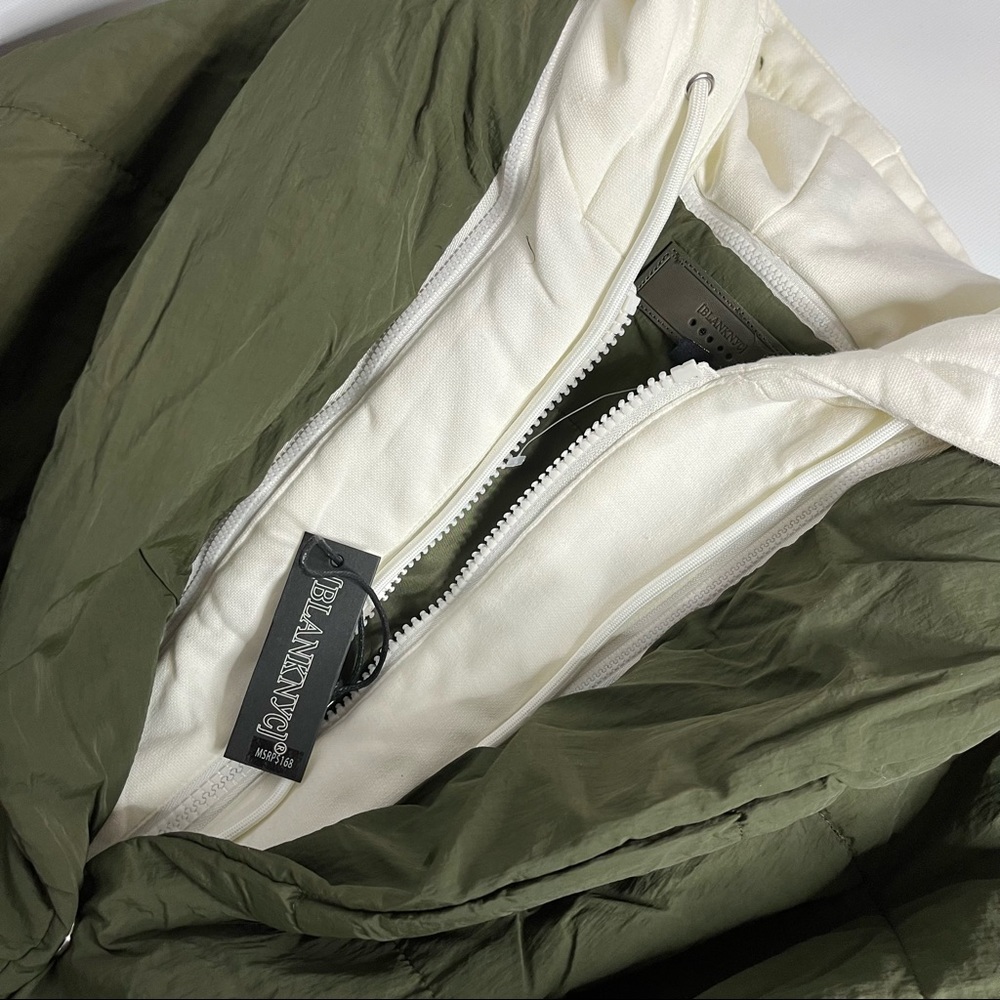25) NWT BLANK NYC Olive Green & Cream Hooded Quilted Tie Waist Puffer Jacket MED - Picture 12 of 14